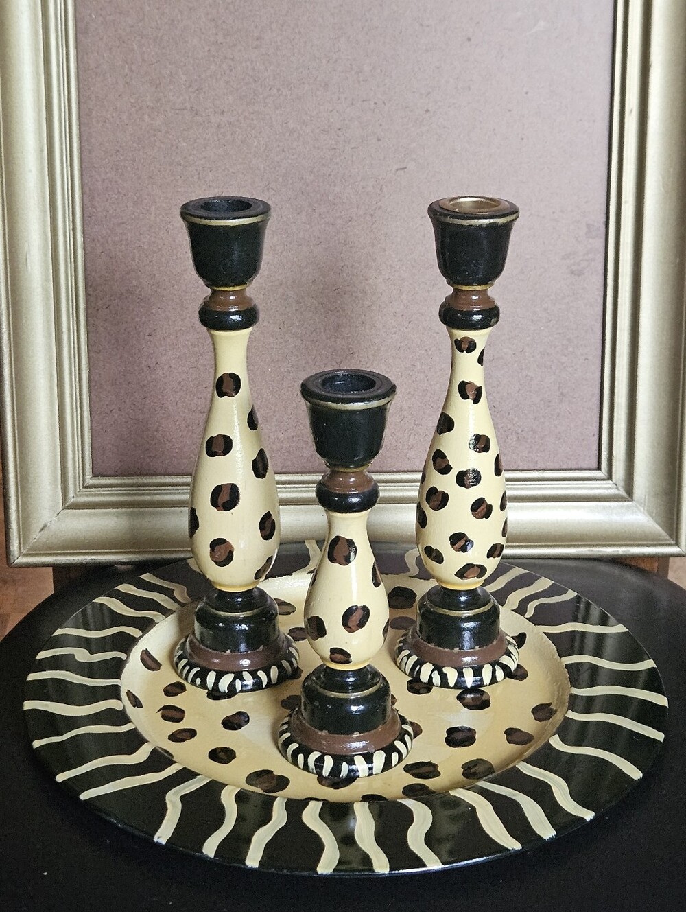 Hand-Painted Wooden Leopard Print Set - 3 Candlesticks And 1 Platter